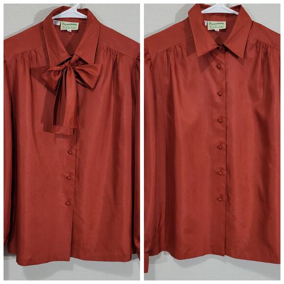 Vintage Tops - Vintage Blouse Lady Manhattan  Bow Neckline Womens Large Rust Silkhana 80s 90s